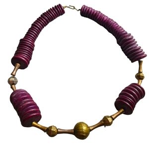 🔥)Wood Disc and Brass Bead Boho Necklace Tribal